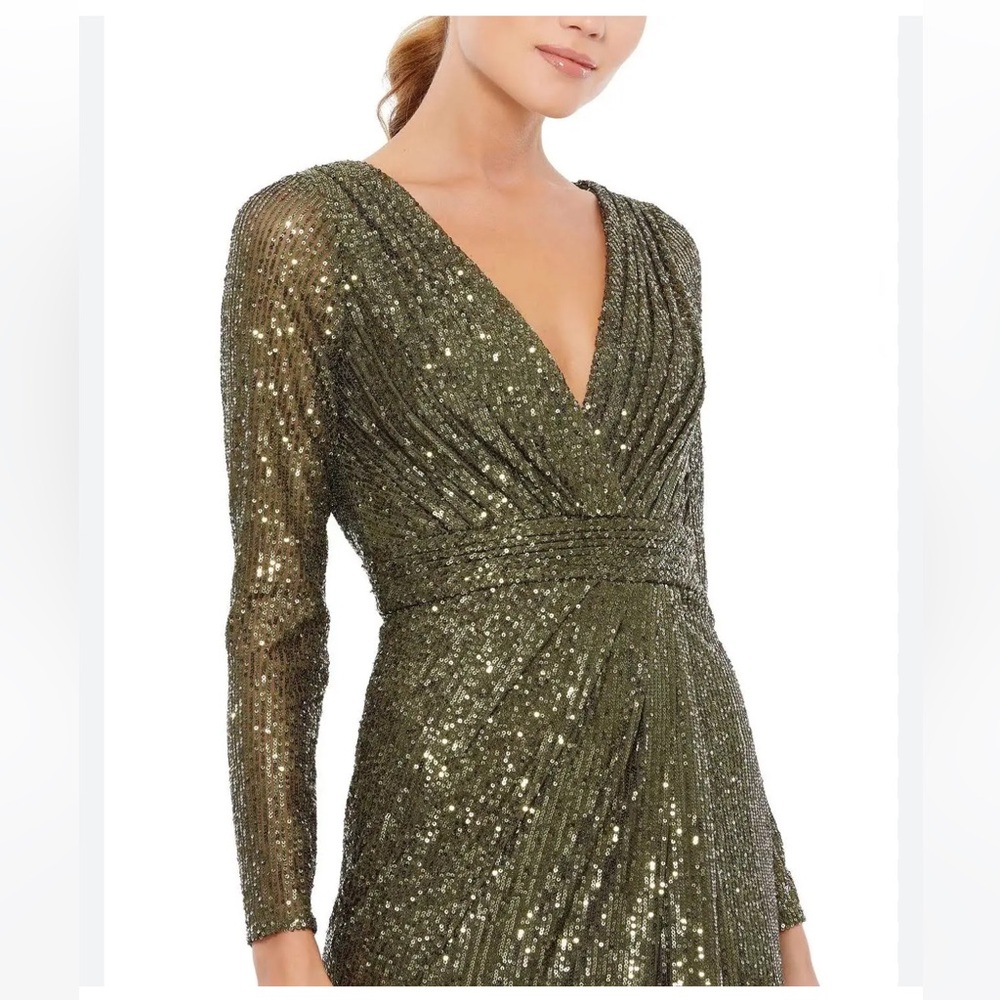 NWT Ieena for Mac Duggal Sequin Long Sleeve Faux Wrap Gown - Picture 3 of 11